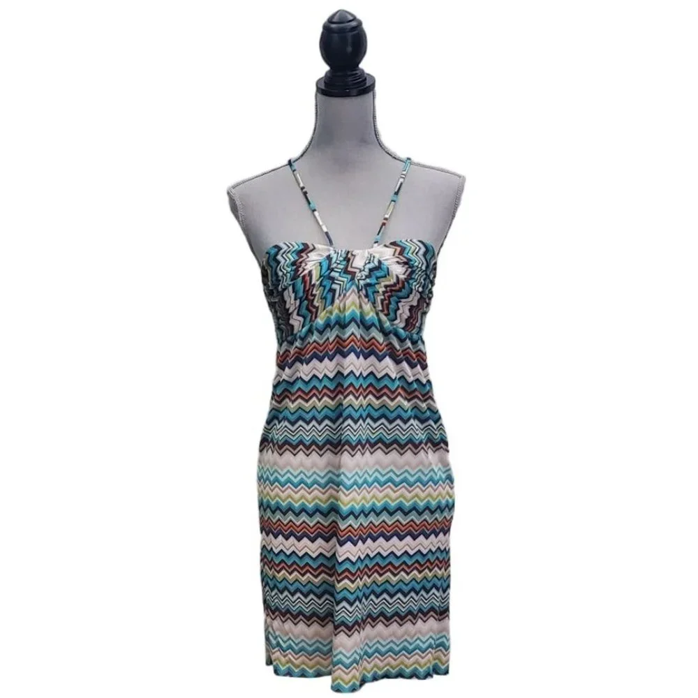 Trina Turk Ruched Sweetheart Halter Midi Dress | EUC | 6 | Blue Tan Multicolor - Picture 2 of 15